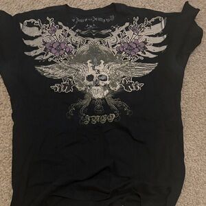 Black Graphic Tee with Skull and Purple Accents